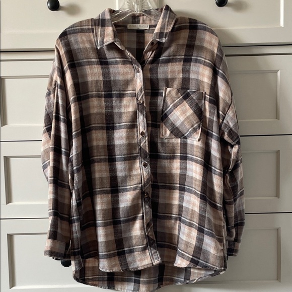 Stitch And Feather Tops - Stitch&Feather Plaid Flannel Button Down Shirt Neutral Brown Oversized Cozy Fall